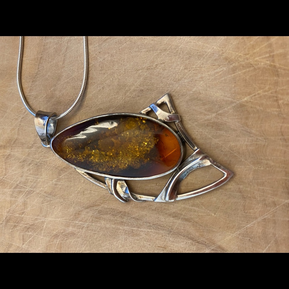 Host pick New Year's Eve! Vintage 925 sterling silver Amber Art Deco pendant - Picture 2 of 11
